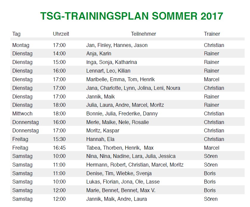 Trainingsplan Sommer 2017